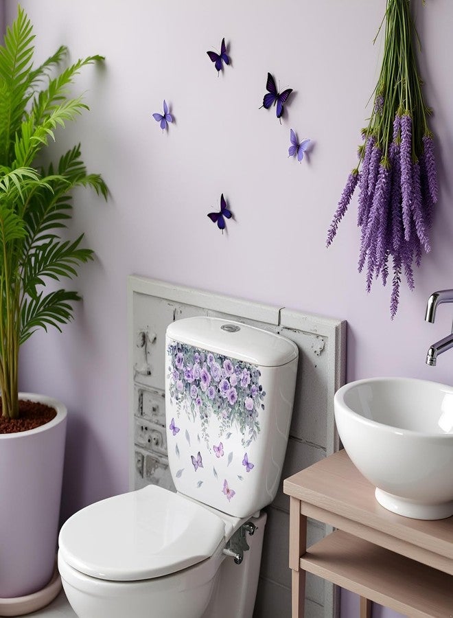 aoukoslt Waterproof Toilet Decals - Botanical Floral Design with Purple Roses and Butterflies, Self-Adhesive Removable Vinyl Stickers for Bathroom Decor, Rental Home Upgrade (13.78x9.84 Inch) - Image 5